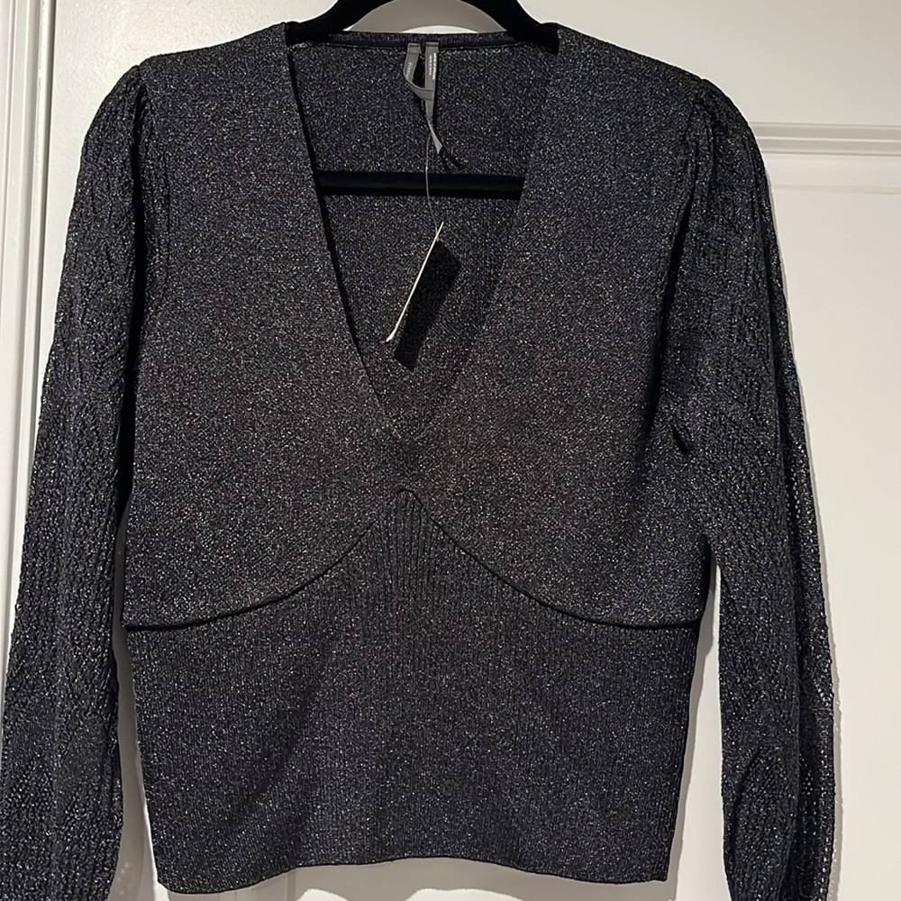 NWT Anthropologie Woven-Sleeve Twofer Fitted Black V-Neck Sweater Small - Picture 3 of 10